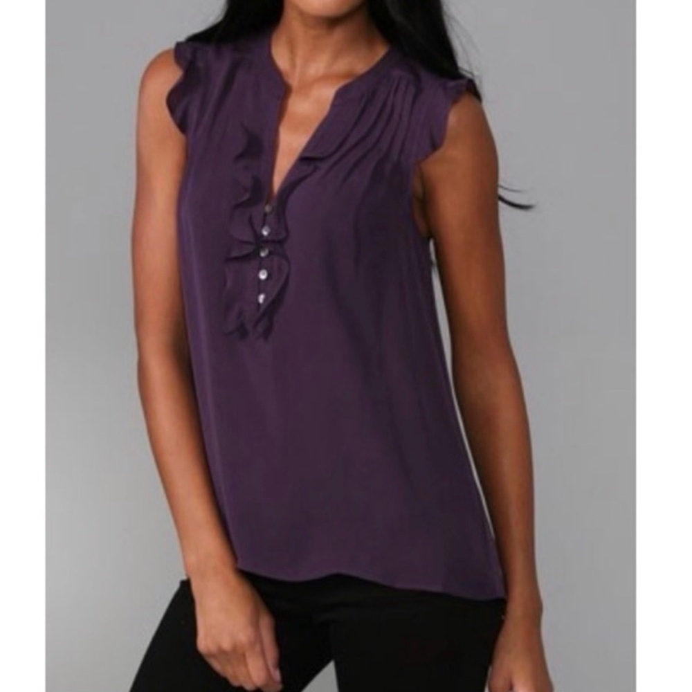 Theory‎ Karasa Silk Top P Petite XS Purple Sleeveless Ruffles Half Button V Neck